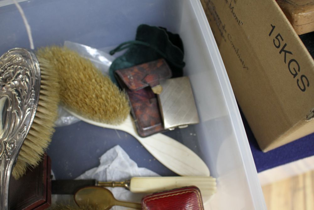 A box of assorted curios including a portrait miniature